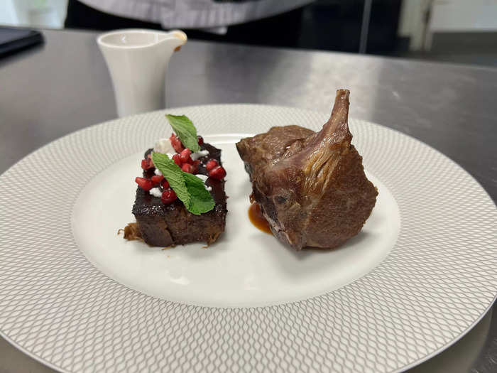 We were also shown how to plate the duo of lamb rack and braised lamb, topped with feta, pomegranate, and mint leaves. The sauce is poured over one spot rather than drizzled around.