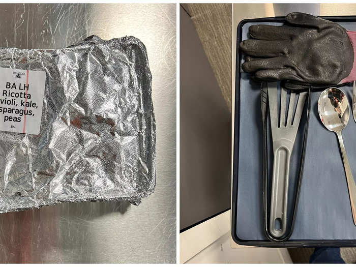 The meals come in aluminum foil packages, and must be plated while wearing gloves using a standardized set of utensils.