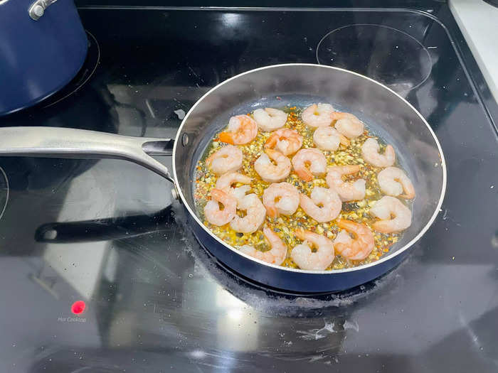 Add the shrimp to the skillet and cook for 2-3 minutes per side until pink and cooked through. Remove the shrimp from the skillet and set aside.