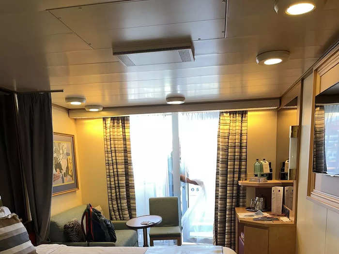 We selected a 212-square-foot stateroom with a 54-square-foot verandah, a queen-size bed, a sitting area, a flat-screen TV, and a mini fridge.