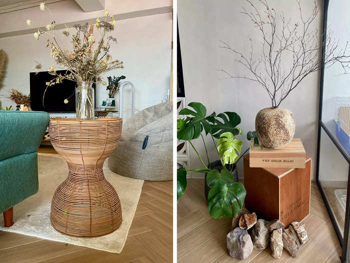 The couple also turned old lampshades and wine crates into side tables and display shelves for their living room.