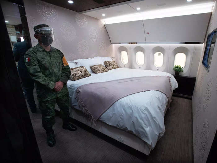 The 80-seater plane — which is actually one of six 787 test aircraft built by Boeing — was equipped with a presidential suite, complete with a private office, shower, meeting room, king-sized bed, and treadmill...