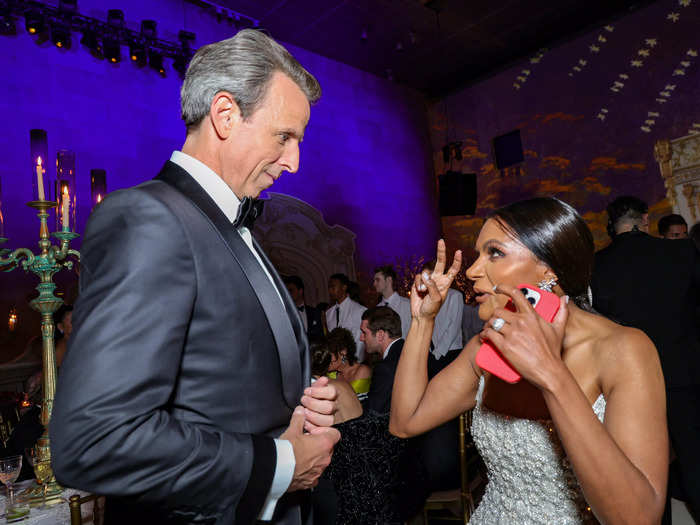 Mindy Kaling was photographed in an animated conversation with Seth Meyers.
