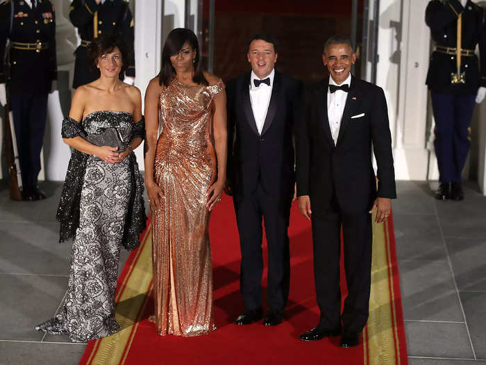 At her final state dinner in 2016, Obama wore a showstopping rose-gold dress made of chain mail.